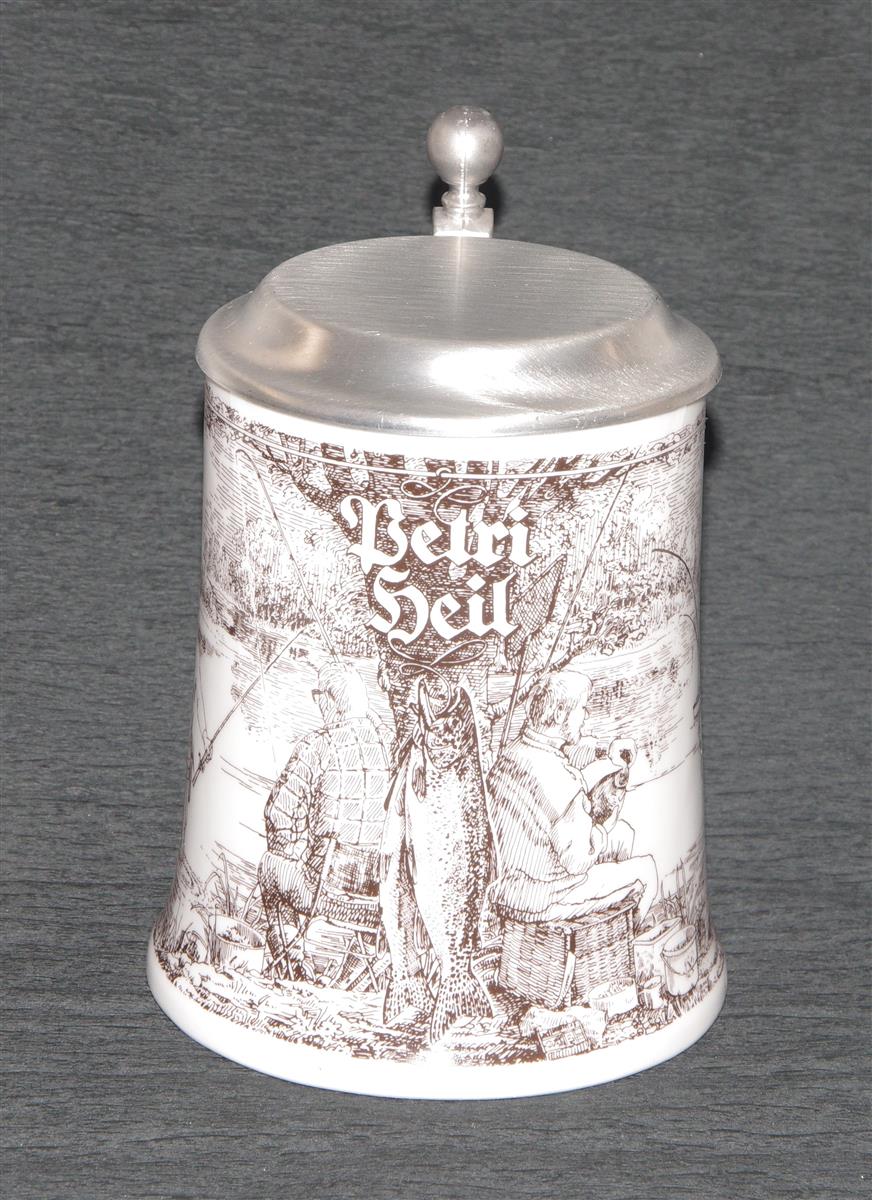 Bierkrug Dr. Merkle Angeln Porzellan Zinndeckel Bierkrug Dr. Merkle Angeln Porzellan Zinndeckel