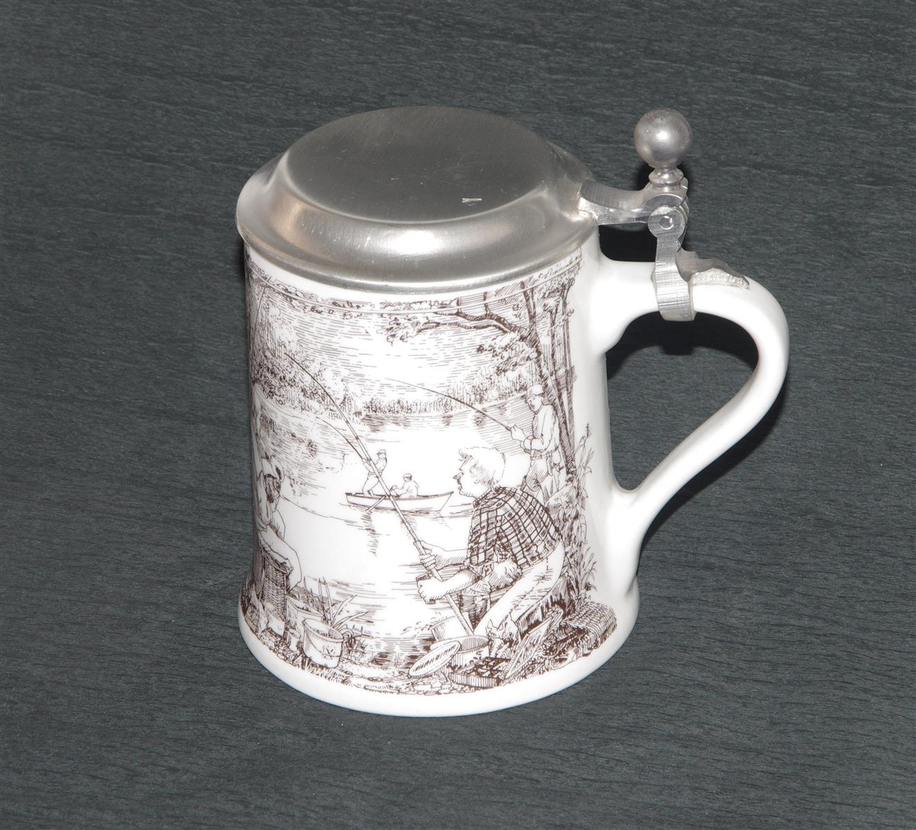 Bierkrug Dr. Merkle Angeln Porzellan Zinndeckel Bierkrug Dr. Merkle Angeln Porzellan Zinndeckel