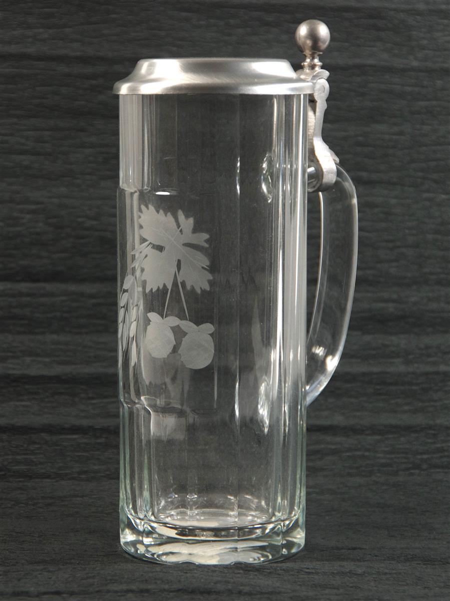 Bierkrug Glas 0,5 Ähre mit Hopfen Zinndeckel