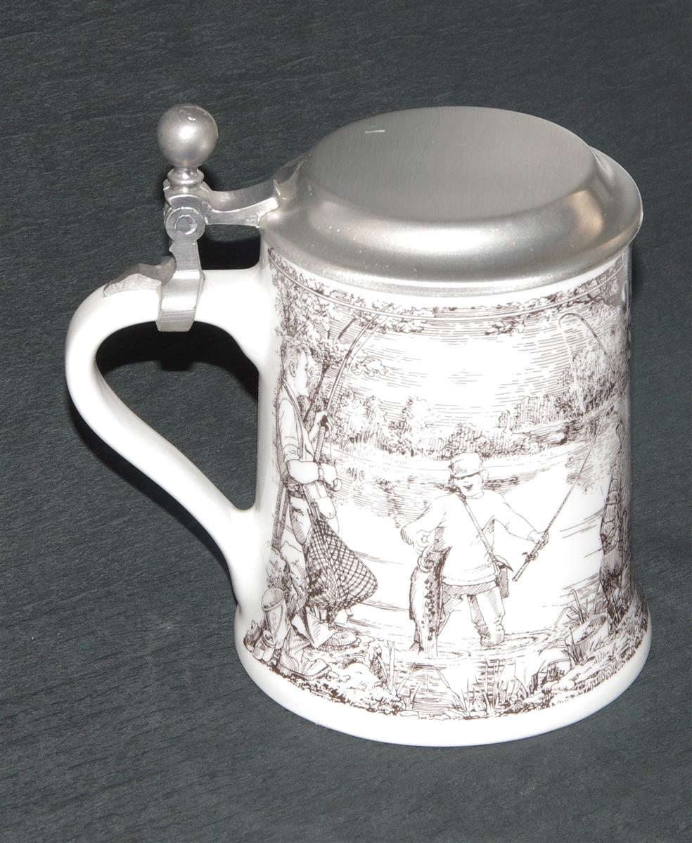 Bierkrug Dr. Merkle Angeln Porzellan Zinndeckel Bierkrug Dr. Merkle Angeln Porzellan Zinndeckel