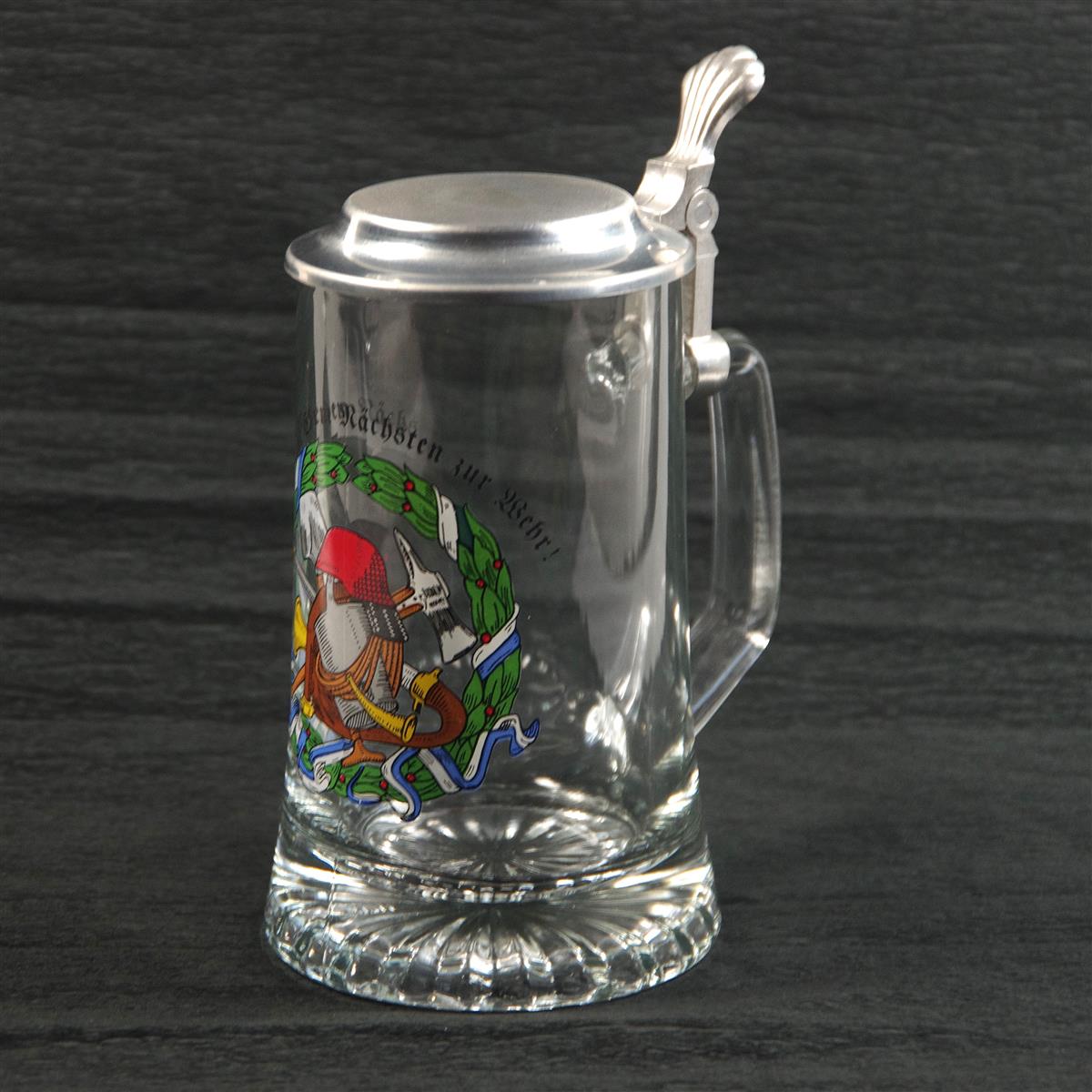 Bierkrug Feuerwehr Glas Zinndeckel 0,5l Bierkrug Feuerwehr Glas Zinndeckel 0,5l