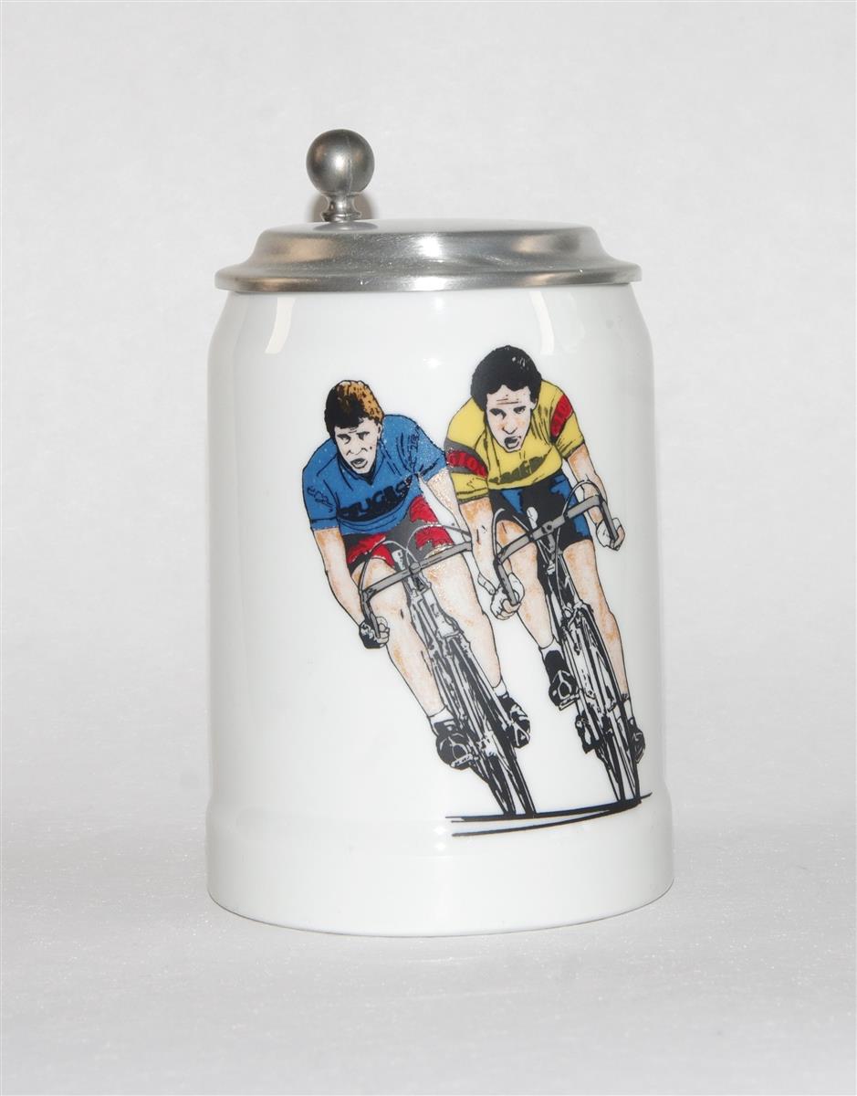 Bierkrug Dr. Merkle Rennrad Porzellan Zinndeckel Bierkrug Dr. Merkle Rennrad Porzellan Zinndeckel