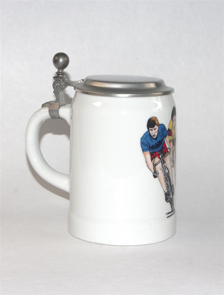 Bierkrug Dr. Merkle Rennrad Porzellan Zinndeckel Bierkrug Dr. Merkle Rennrad Porzellan Zinndeckel